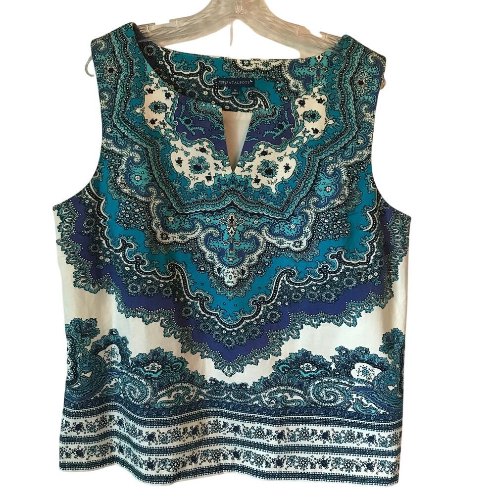 Talbots Blouse Top Size 16 Womens Boho Sleeveless Paisley Blue White Side Zip XL